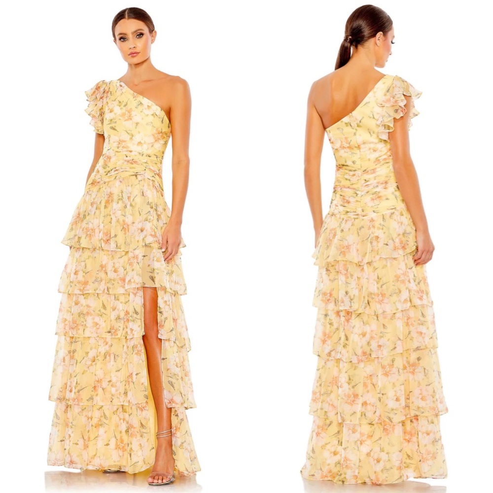 Mac Duggal Yellow Floral One-Shoulder Dress